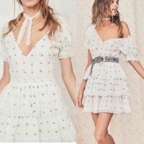 LoveShackFancy Azura Mini Dress White Deep V-neck Puff Sleeves Ruffled Skirt - Picture 1 of 13